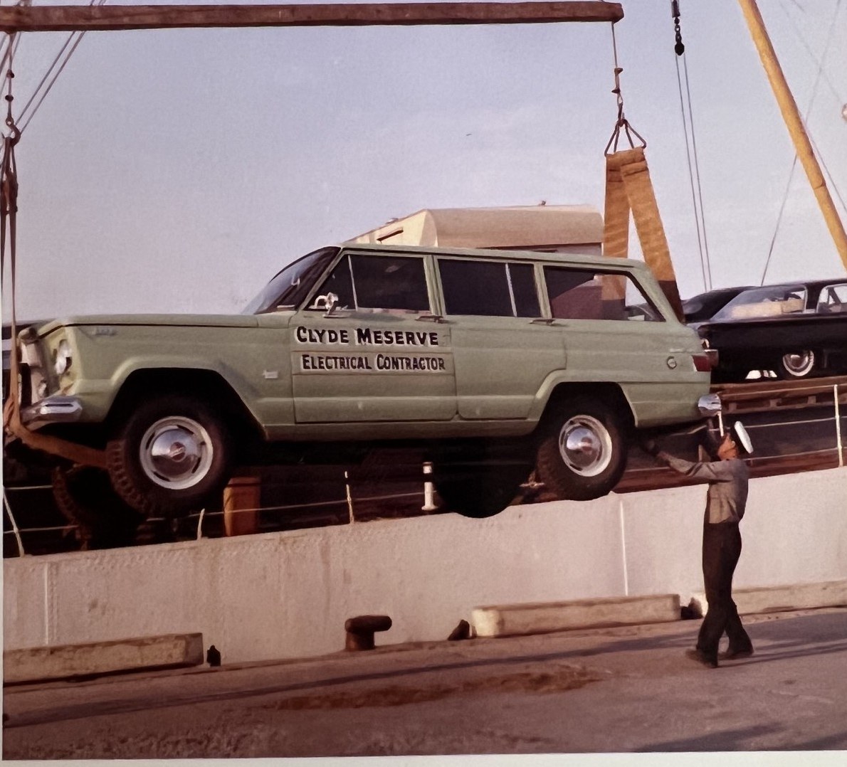 Clyde Meserve’s truck on a lift, coming off the Hyannis ferry